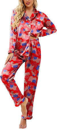 Ekouaer Womens Satin Pajama Set Classic Pattern Silky Pj Sets Button Down Sleepwear Loungewear