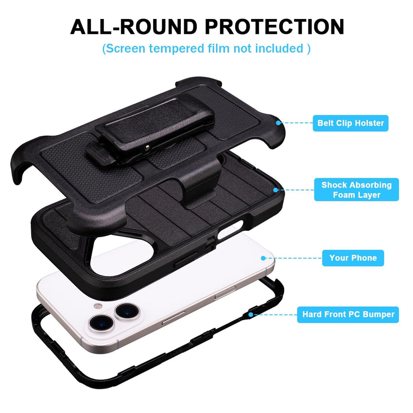 Black for iPhone 16 Case with Belt Clip Holster, Heavy Duty Rugged Military Grade Shockproof Case for iPhone 16 Case Protective Cover with Kickstand 6.1 Inch