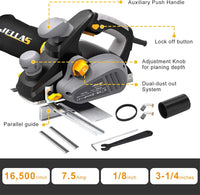 Jellas Electric Planer, 7.5-Amp 16500 Rpm Power Hand Planer, 3-1/4 Inch Cut Width, Dual-dust out System, Dual-handle Design, Blade Protector, 2 Reversible HSS Blades and 2 Carbon Brushes, EP01