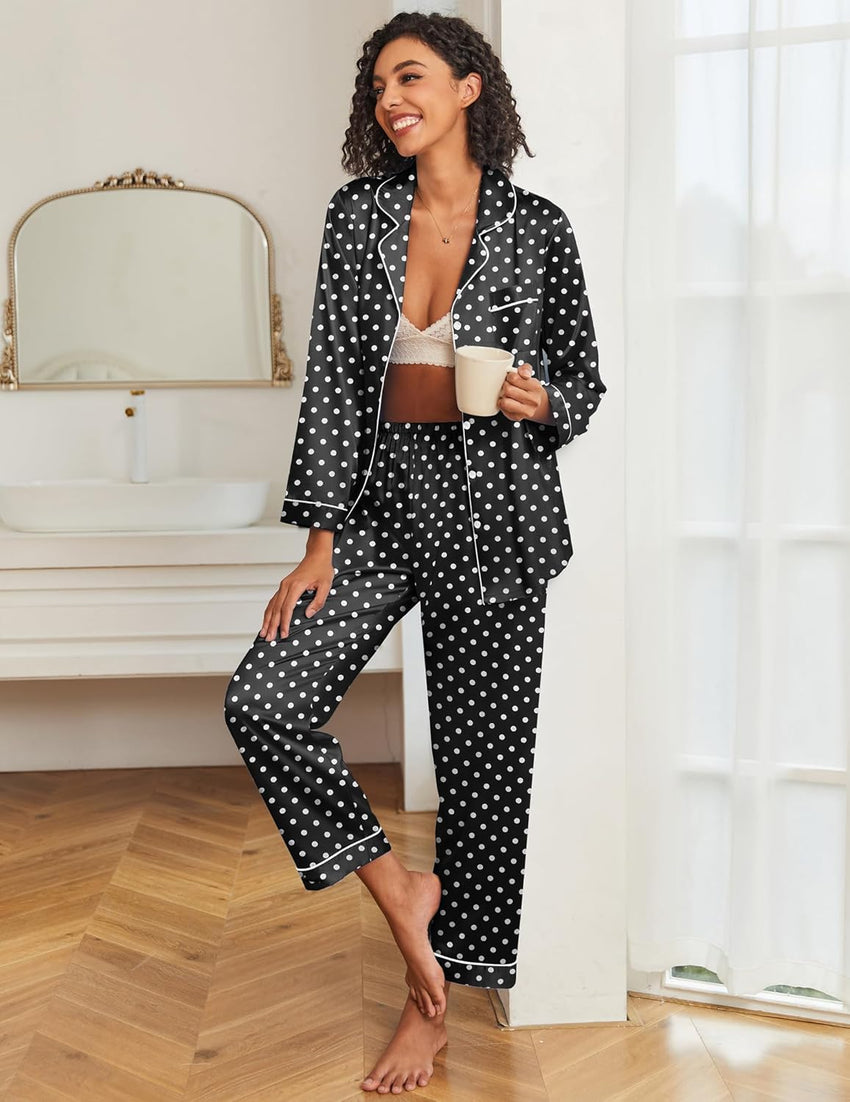 Ekouaer Womens Satin Pajama Set Classic Pattern Silky Pj Sets Button Down Sleepwear Loungewear