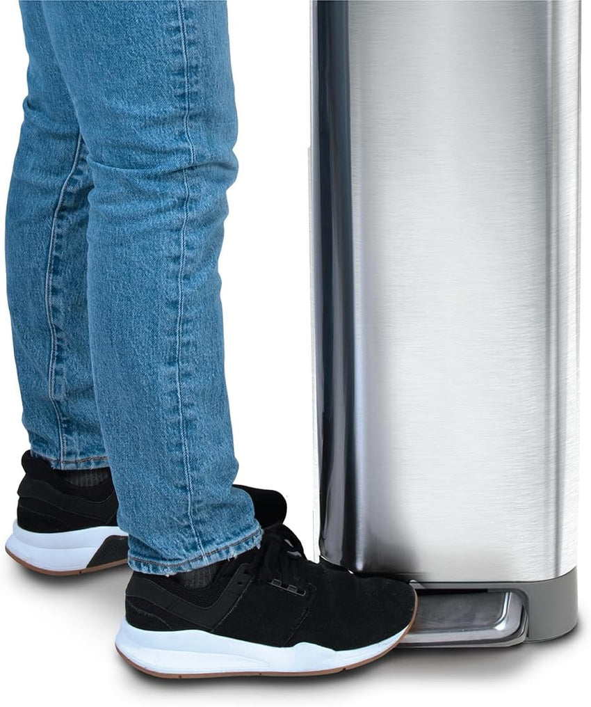 Glad Slim Trash Can with Clorox Odor Protection - Narrow Kitchen Garbage Bin with Soft Close Lid, Step On Foot Pedal and Waste Bag Roll Holder, All Stainless, 45 Liter