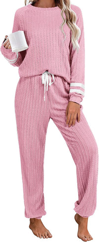 Ekouaer Lounge Sets for Women Ribbed Knit Outfits Pajamas Sets 2 Piece Long Sleeve Sweatsuits with Pockets