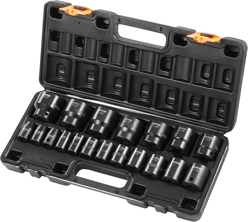 VEVOR Impact Socket Set 3/8" Drive, 48-Piece Standard SAE (5/16 to 3/4 inch) & Metric (8 to 22 mm) Size, Deep & Shallow, 6 Point, CR-V, Extension Bar, Universal Joint, 1/2" F to 3/8" M Reducer