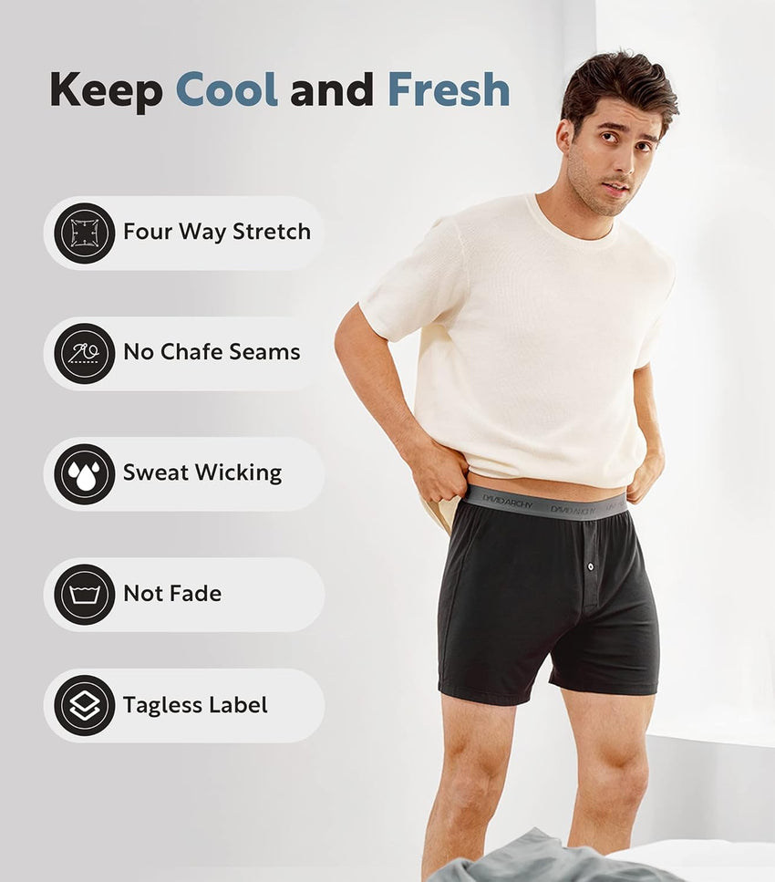 DAVID ARCHY Mens Underwear Bamboo Rayon Boxers for Men Breathable and Cool Men's Boxer Shorts with Button Fly 3 or 5 Pack