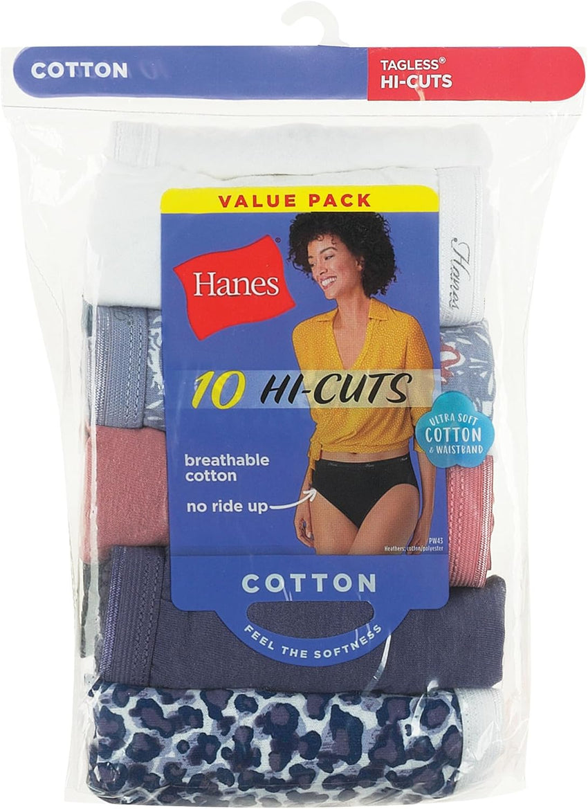 Hanes womens High-cut Panties Pack, High-waisted Briefs, Moisture-wicking Cotton Underwear, 10-pack (Colors May Vary)