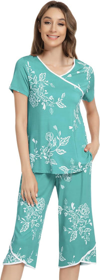 NACHILA Women’s Pajamas-Viscose Made from Bamboo, Short Sleeve Pjs Top with Capri Pajama Sets for Women Cool V Neck Sleepwear