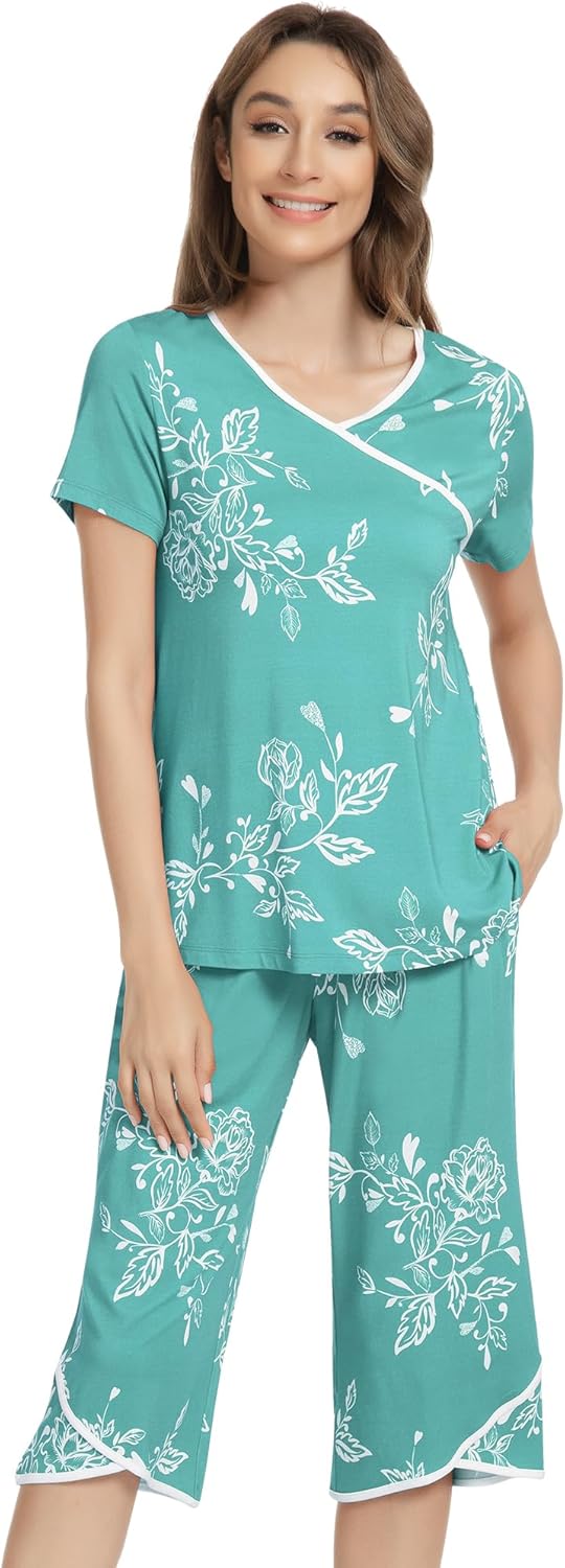 NACHILA Women’s Pajamas-Viscose Made from Bamboo, Short Sleeve Pjs Top with Capri Pajama Sets for Women Cool V Neck Sleepwear