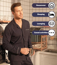 DAVID ARCHY Mens Pajamas Set Soft Cotton Notched Collar Pajamas for Men Long Sleeve Mens Sleepwear with Pockets & Front Fly
