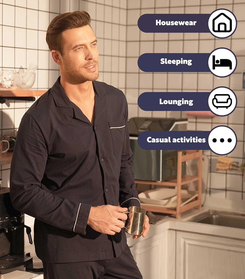 DAVID ARCHY Mens Pajamas Set Soft Cotton Notched Collar Pajamas for Men Long Sleeve Mens Sleepwear with Pockets & Front Fly