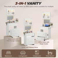 Maupvit Small Vanity Desk with Mirror and Lights, Modern Compact Make Up Vanity Set with Hidden Stool, Charging Station, Drawers, White Narrow Vanity Dressing Table with Fold-up Panel for Small Space