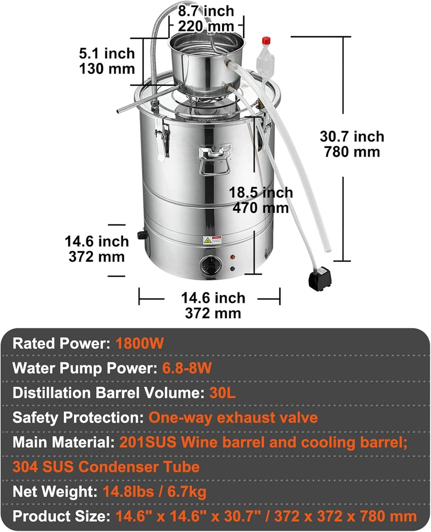 VEVOR Electric Alcohol Still 8Gal/30L, Alcohol Distiller, Distillery Kit for Alcohol include Pump & One-way Exhaust Valve & Thermometer