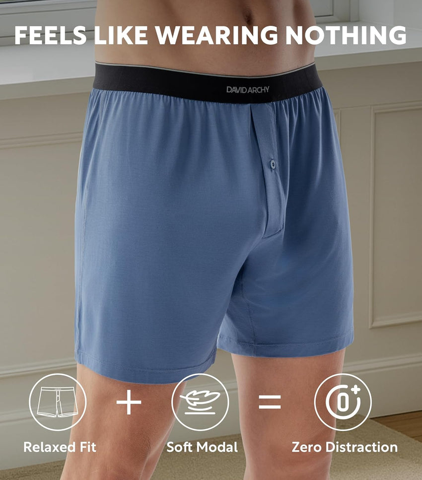 DAVID ARCHY Ultra Soft Modal Boxers for Men, Silky Stretchy Boxer Shorts, Breathable Loose Men's Underwear for Sleep 4 Pack