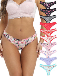 Morvia 10-Pack Women Sexy Coquette Contrast Lace Trims Floral Print Thongs Underwear