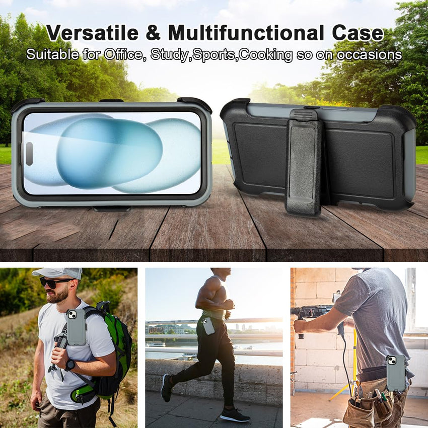 Shockproof Case for iPhone 16 Plus, Heavy Duty, Anti-Drop, 3 Layers, Grey with Belt Clip