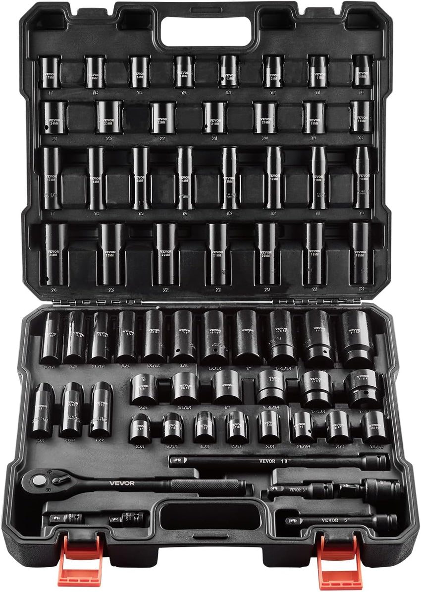 VEVOR Impact Socket Set 3/8" Drive, 48-Piece Standard SAE (5/16 to 3/4 inch) & Metric (8 to 22 mm) Size, Deep & Shallow, 6 Point, CR-V, Extension Bar, Universal Joint, 1/2" F to 3/8" M Reducer