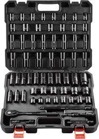 VEVOR Impact Socket Set 3/8" Drive, 48-Piece Standard SAE (5/16 to 3/4 inch) & Metric (8 to 22 mm) Size, Deep & Shallow, 6 Point, CR-V, Extension Bar, Universal Joint, 1/2" F to 3/8" M Reducer