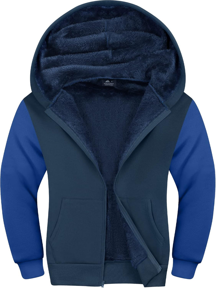 SWISSWELL Hooded Jacket for Boys Full Zip Ultra Soft Sherpa Fleece Hoodie Sweatshirt for Kids School Hooded Outerwear