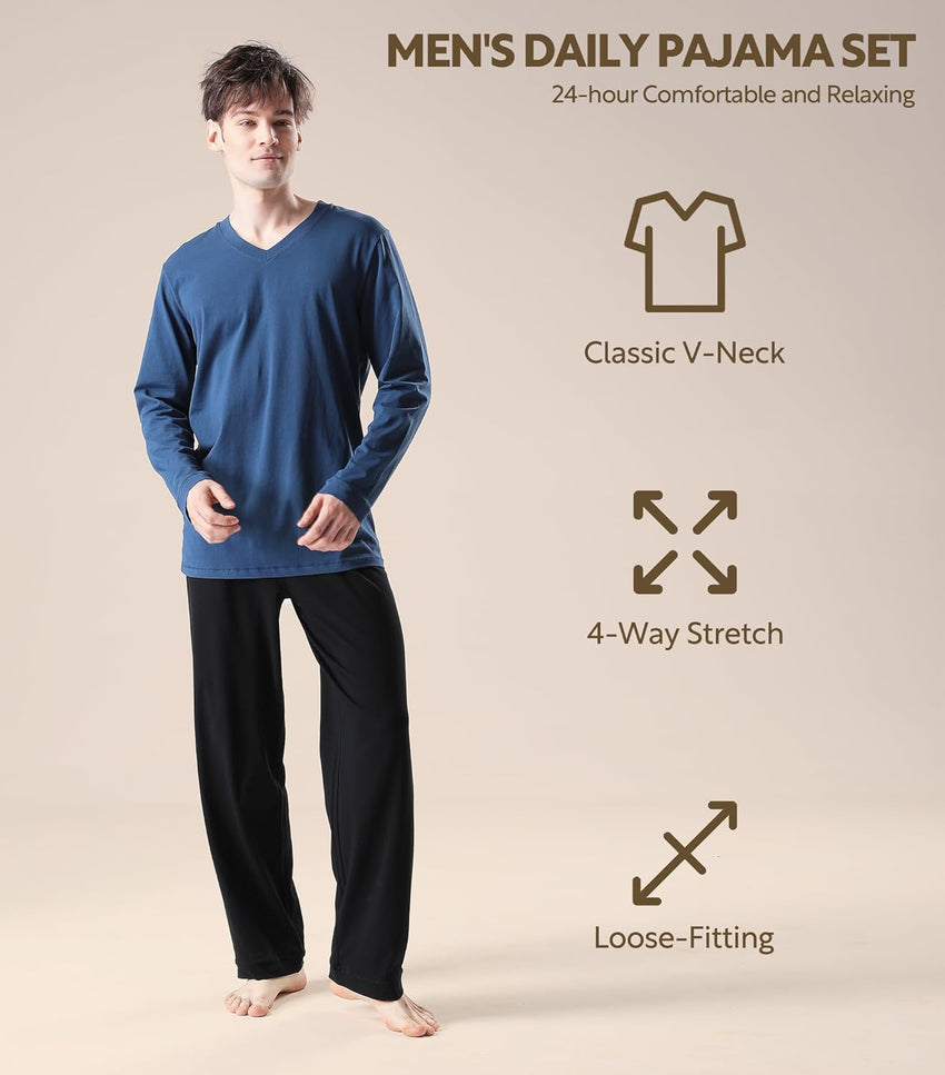 DAVID ARCHY Men's Pajamas Set Soft Cotton Long Sleeve Sleepwear Comfy Loungewear Pjs with Pockets