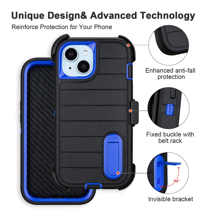 for Rugged iPhone 15 Case with Belt Clip Holster, Military Grade Heavy Duty Shockproof Cover for iPhone15 Case Protective with Stand 6.1 Inch (Black+Blue)