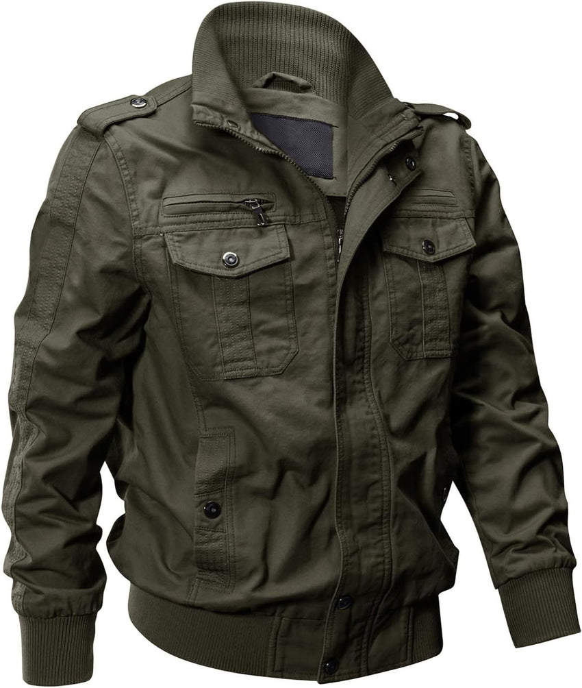 7DAY'S Men's Cotton Lightweight Multi Pockets Zip Front Stand Collar Military Jackets Windbreaker