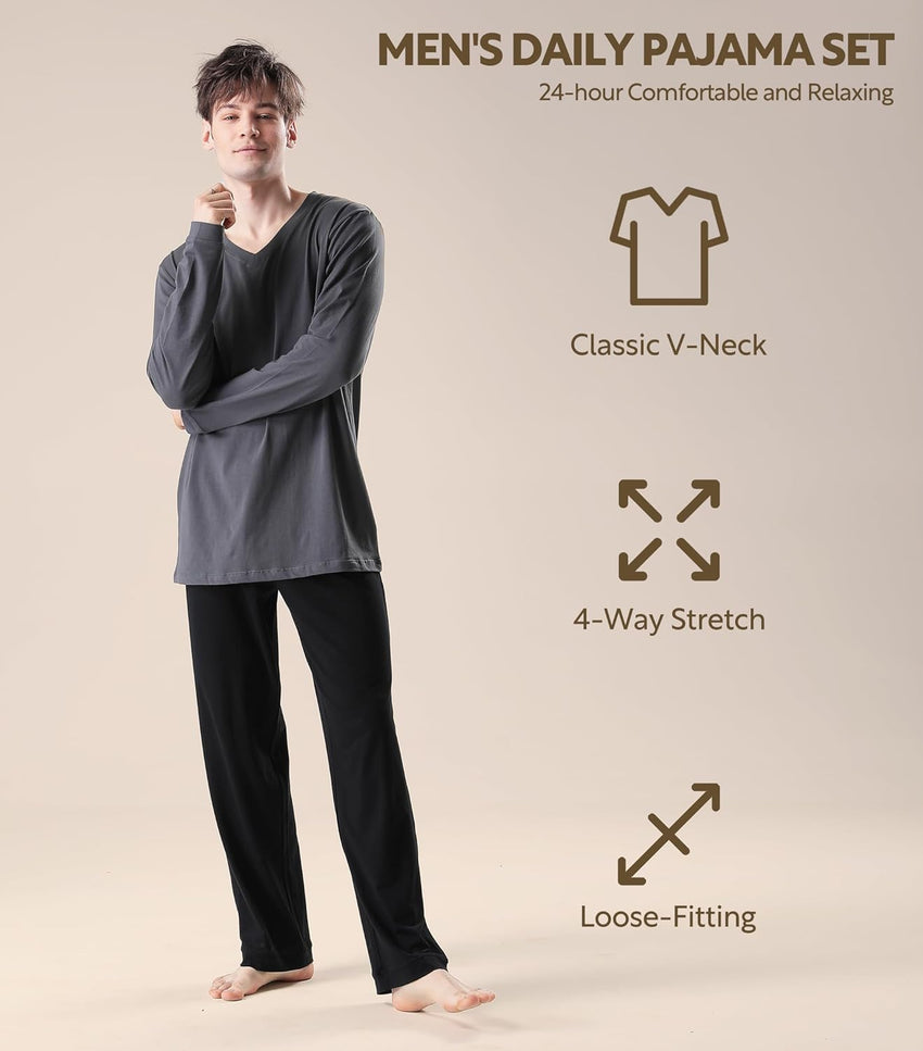 DAVID ARCHY Men's Pajamas Set Soft Cotton Long Sleeve Sleepwear Comfy Loungewear Pjs with Pockets
