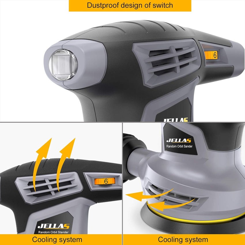 Jellas 5-Inch Random Orbital Sander with 18Pcs Sandpapers, 13000RPM 6 Variable Speed Sander Machine, High Performance Dust Collection System for Woodworking, 2.5A, Dust Collection Bag Include - OS280