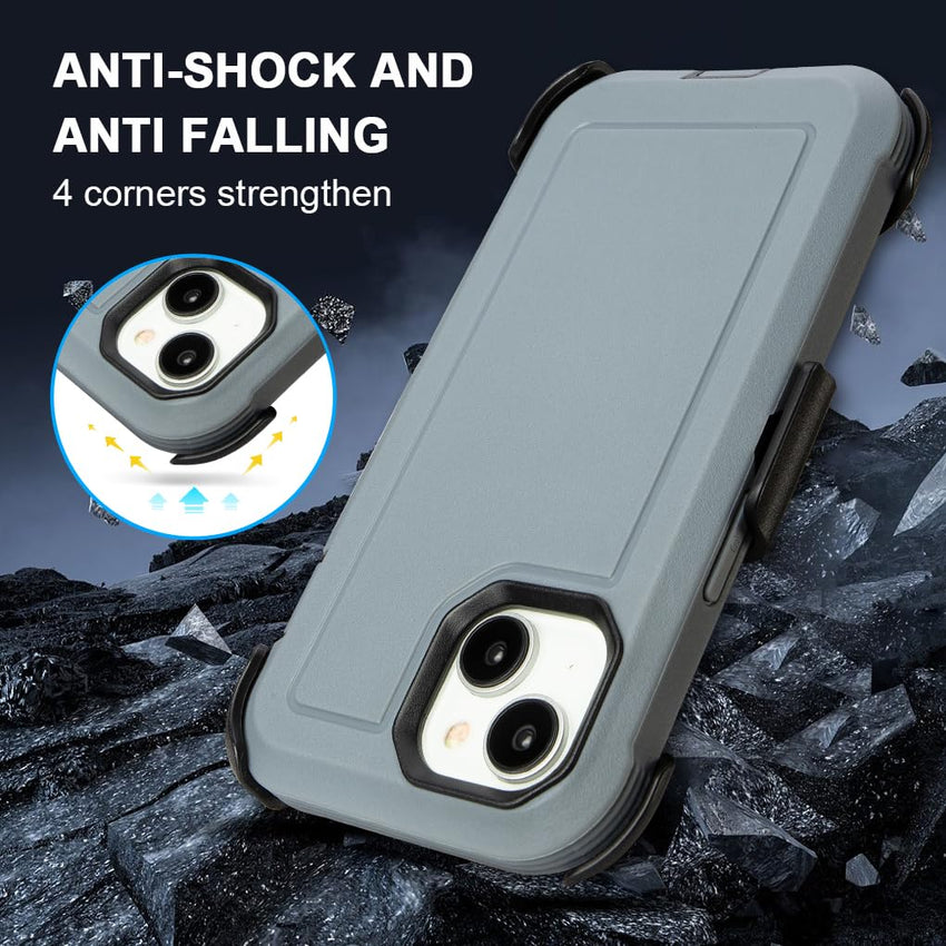 Shockproof Case for iPhone 16 Plus, Heavy Duty, Anti-Drop, 3 Layers, Grey with Belt Clip