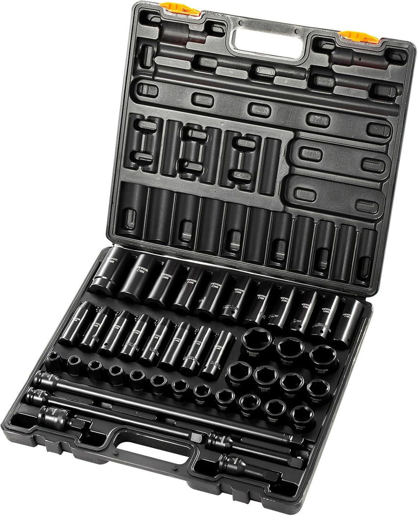 VEVOR 1/2" Drive Impact Socket Set, 65 Piece SAE 3/8" to 1-1/4" and Metric 10-24mm, 6 Point Cr-V Alloy Steel for Auto Repair, Easy-to-Read Size Markings, Rugged Construction, Storage Case