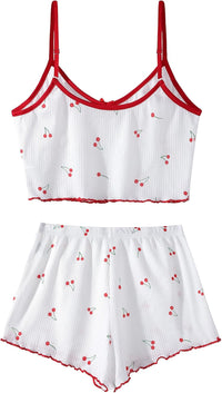 Hilinker Womens Graphic Print Ribbed PJ Set Crop Cami Tops and Shorts Cute Pajamas Set