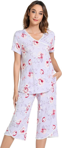 NACHILA Women’s Pajamas-Viscose Made from Bamboo, Short Sleeve Pjs Top with Capri Pajama Sets for Women Cool V Neck Sleepwear