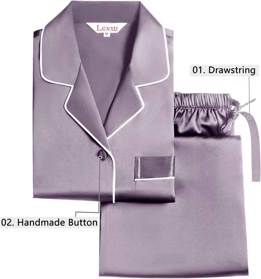 Lonxu Silk Satin Womens Pajama Sets Button Down Sleepwear Loungewear XS~3XL