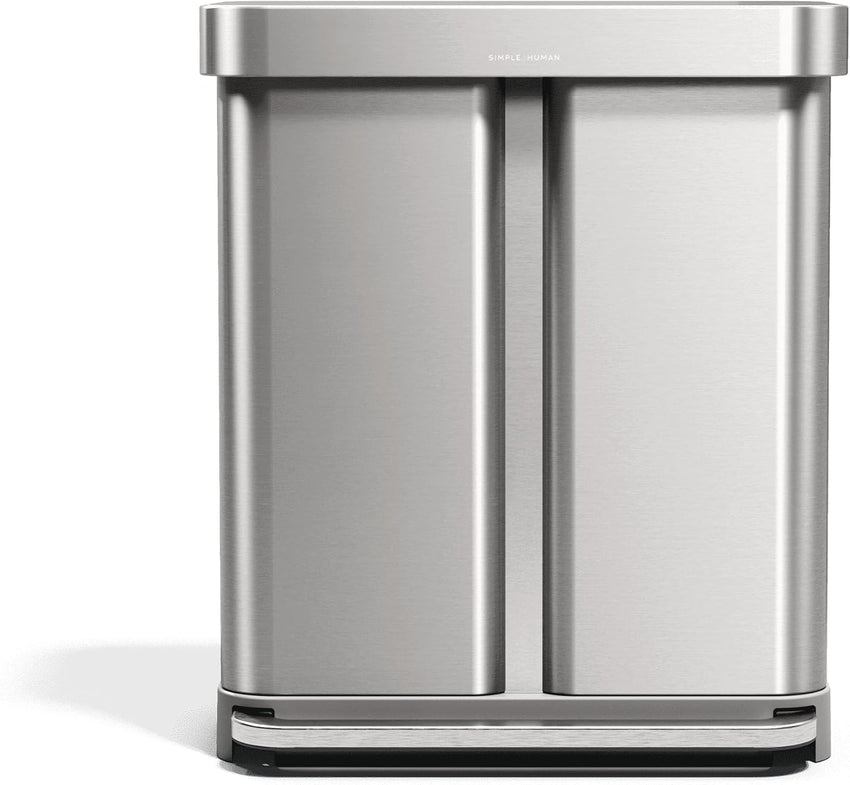 simplehuman 58 Liter / 15.3 Gallon Rectangular Hands-Free Dual Compartment Recycling Kitchen Step Trash Can with Soft-Close Lid, Brushed Stainless Steel