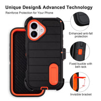 Black for iPhone 16 Case with Belt Clip Holster, Heavy Duty Rugged Military Grade Shockproof Case for iPhone 16 Case Protective Cover with Kickstand 6.1 Inch