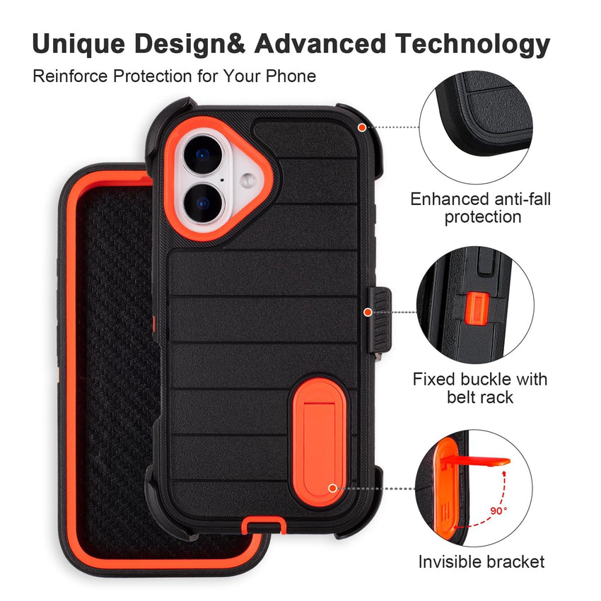 Black for iPhone 16 Case with Belt Clip Holster, Heavy Duty Rugged Military Grade Shockproof Case for iPhone 16 Case Protective Cover with Kickstand 6.1 Inch