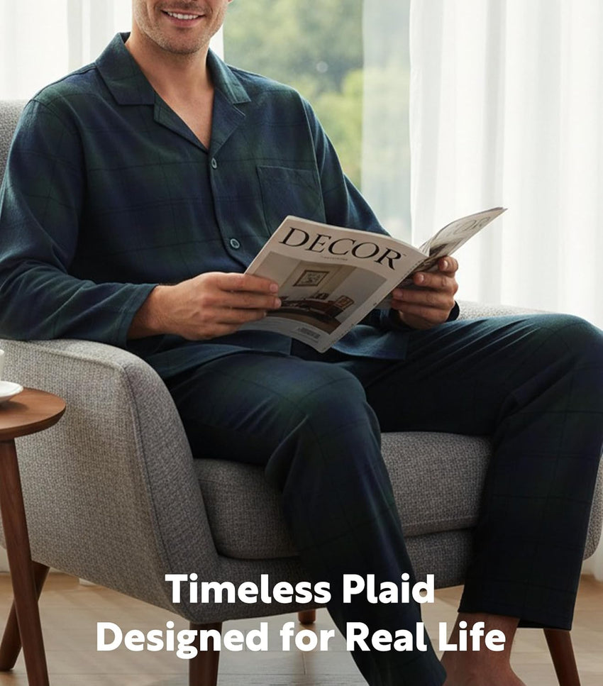 DAVID ARCHY Men's Pajamas Set Flannel Pjs Sets Ultra-Soft Cotton Pajamas for Men Classic Plaid Lounge Set with Roomy Pockets