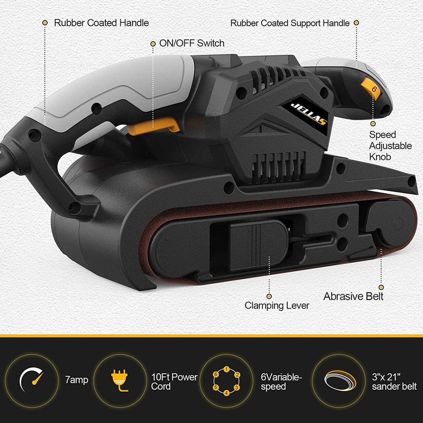 Jellas 7Amp Belt Sander 3 Ć 21-Inch with Dust Bag, Bench Sander with Variable-speed Control, 2 in 1 Vacuum Adapter, 10 Feet (3 Meters) Length Power Cord, Belt Sanders for Woodworking