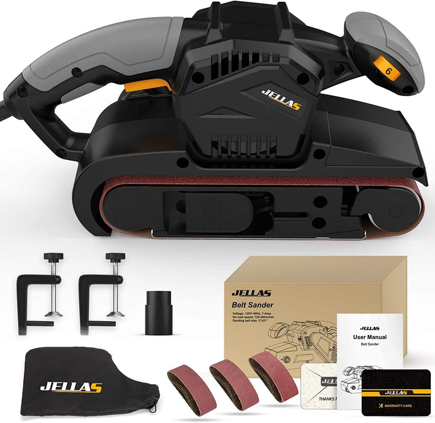 Jellas 7Amp Belt Sander 3 Ć 21-Inch with Dust Bag, Bench Sander with Variable-speed Control, 2 in 1 Vacuum Adapter, 10 Feet (3 Meters) Length Power Cord, Belt Sanders for Woodworking