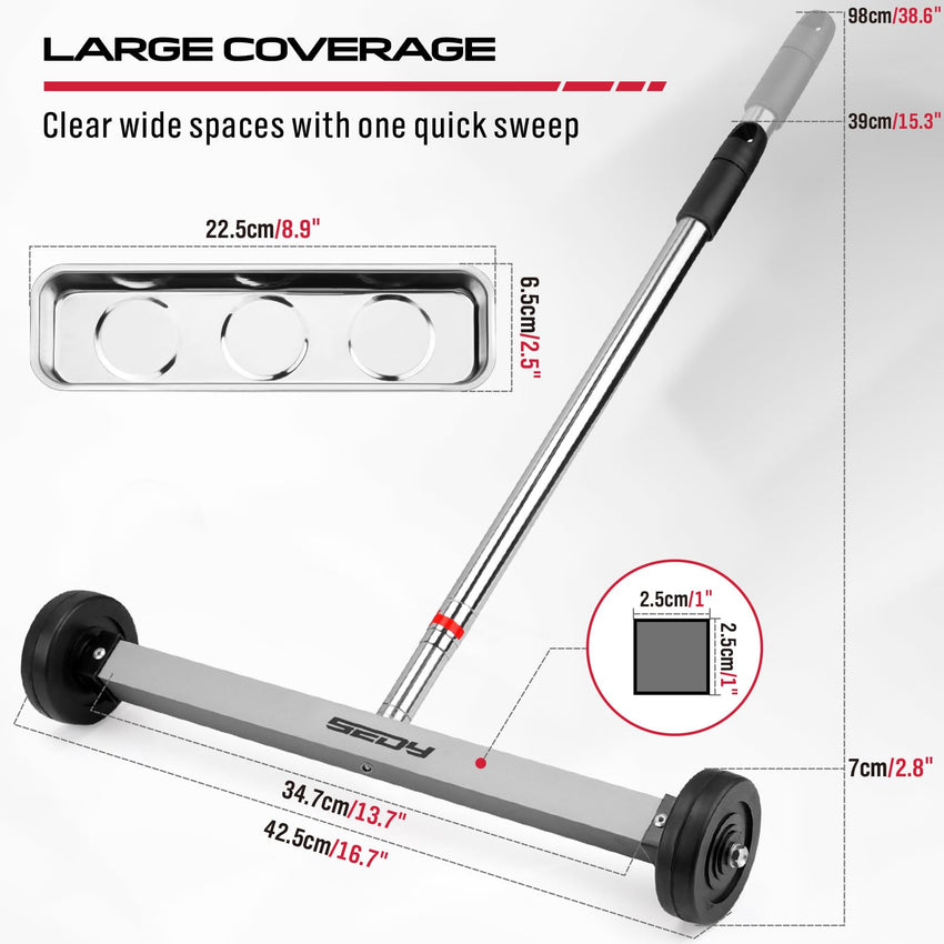 Magnet Sweeper Magnetic Nail Roller: 17-Inch Heavy Duty Magnet Nail Pickup Rolling Tool with Telescoping Adjustable Handle 8.8-Pound Capacity Ideal for Workshop Garage Yard Construction Cleanup