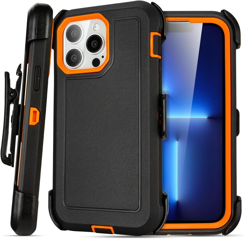 for iPhone 13 Pro Max Case with Clip Belt Holster, Heavy Duty Military Grade Drop Protective Case for iPhone 13 Pro Max 6.7" case (Black+Orange)