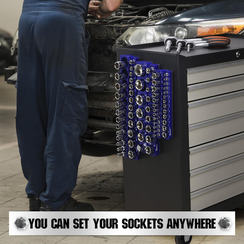 Magnetic Socket Holder Organizer Set: 6-Piece Detachable 1/2 3/8 1/4 Drive Sockets Storage Tray Magnetic Socket Organizer Tool Box Drawer Tool Box Organizers Storage Metric SAE (Sockets Not Included)