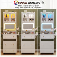 Maupvit Small Vanity Desk with Mirror and Lights, Modern Compact Make Up Vanity Set with Hidden Stool, Charging Station, Drawers, White Narrow Vanity Dressing Table with Fold-up Panel for Small Space