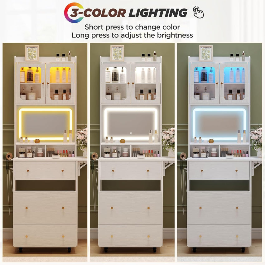 Maupvit Small Vanity Desk with Mirror and Lights, Modern Compact Make Up Vanity Set with Hidden Stool, Charging Station, Drawers, White Narrow Vanity Dressing Table with Fold-up Panel for Small Space