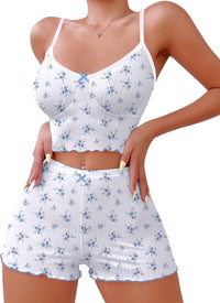 Hilinker Womens Graphic Print Ribbed PJ Set Crop Cami Tops and Shorts Cute Pajamas Set