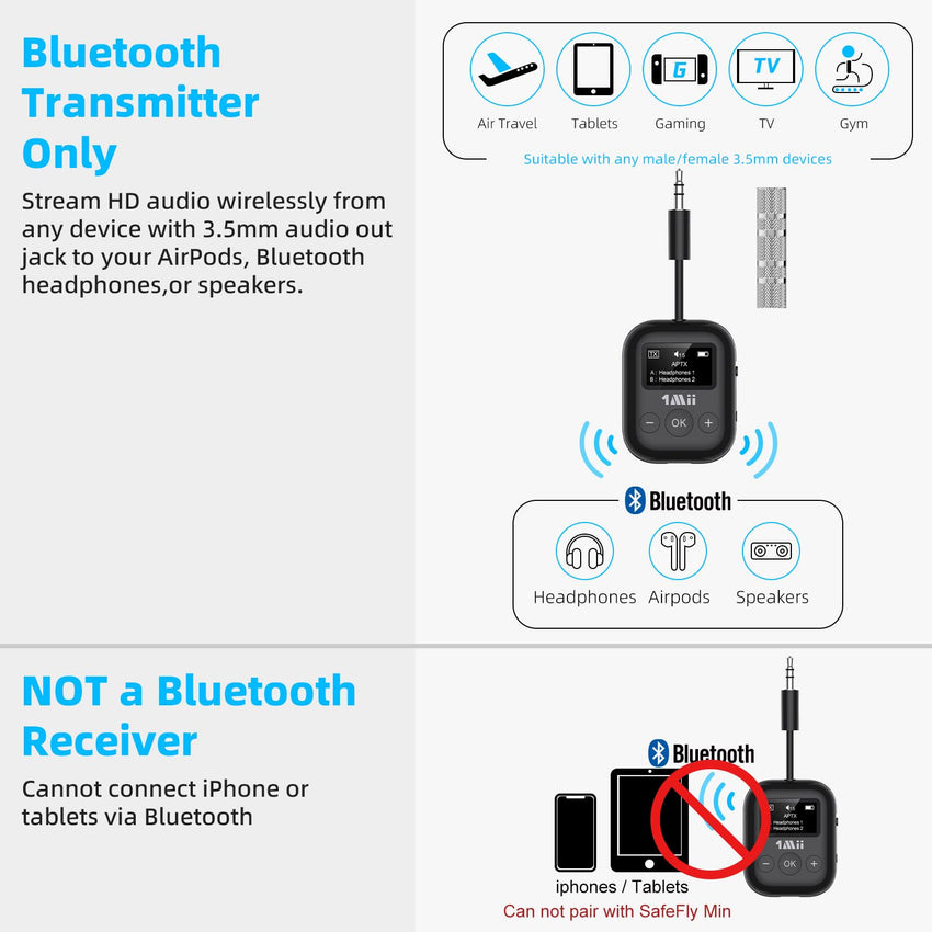 1Mii Bluetooth Transmitter for Airplane, Bluetooth 5.3 Adapter for TV,Airplane Travel Essentials, Aptx Low Latency Wireless Audio Aux for Headphones, Any 3.5mm Jack,Linking 2 Devices (White)