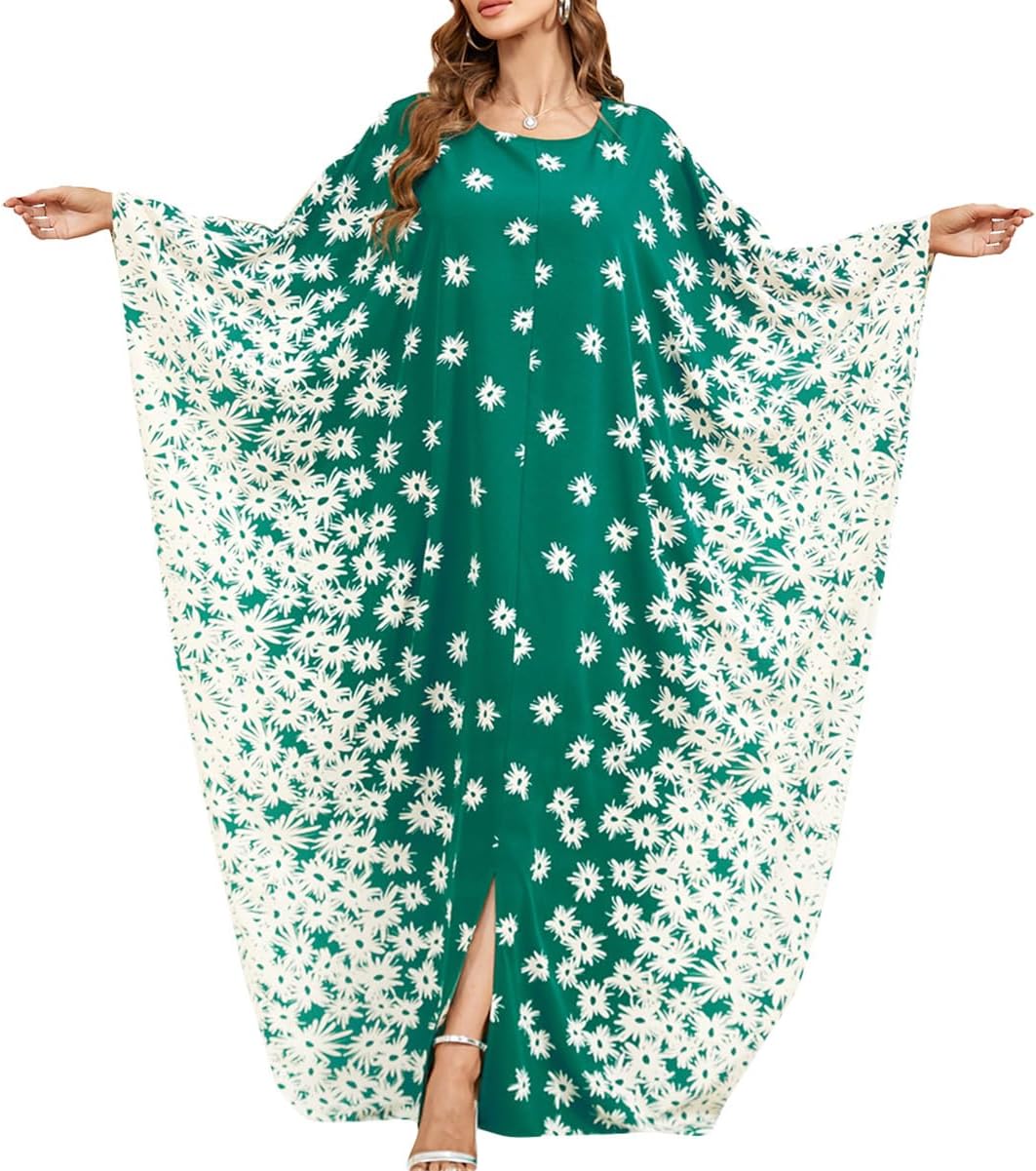 OBEEII Muslim Dress for Women Loose Batwing Sleeved Hooded Beaded Embroidery Long Abaya Dress Kaftan Abayas Islamic Robe