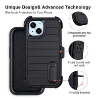 for Rugged iPhone 15 Case with Belt Clip Holster, Military Grade Heavy Duty Shockproof Cover for iPhone15 Case Protective with Stand 6.1 Inch (Black+Blue)