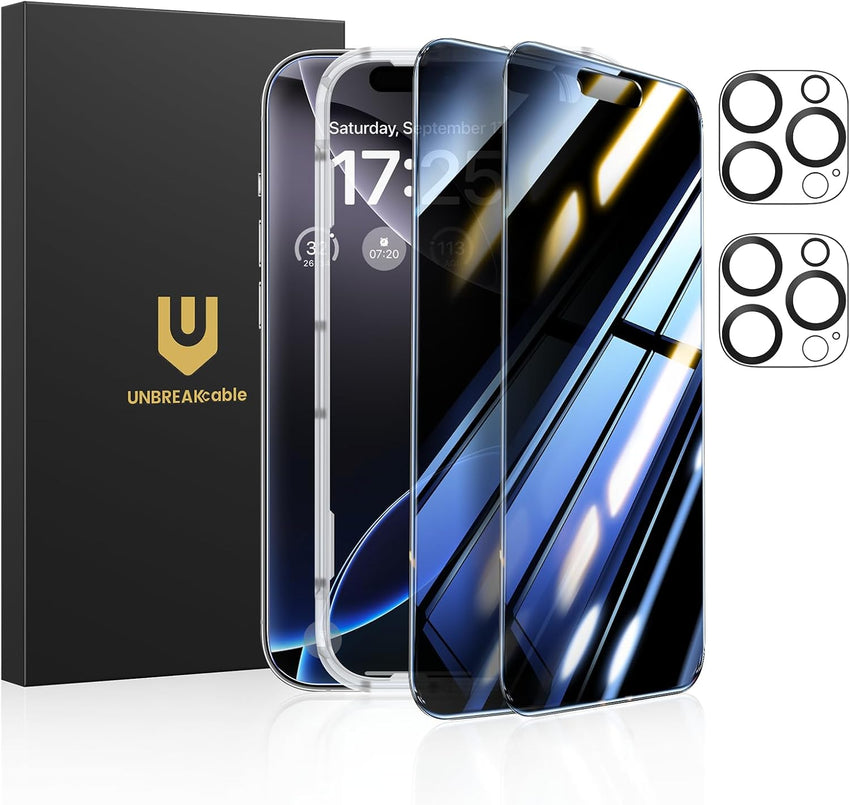UNBREAKcable Privacy Screen Protector for iPhone 16 Pro Max (6.9-Inch), 2-Pack + 2 Lens Protectors|25° Anti-Spy|9H Hardness|Anti-Fingerprint|HD Clarity Tempered Glass