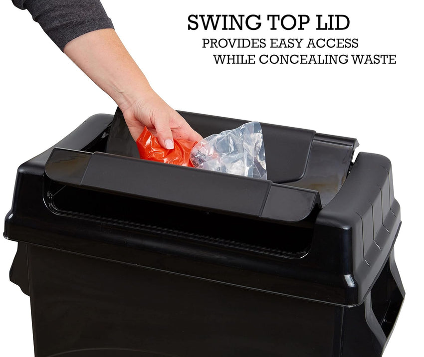 United Solutions Highboy Waste Container with Swing Lid, 23 Gallon, Space Saving Slim Profile and Easy Bag Removal, Handles for Easy Carrying, Indoor/Outdoor Use, Black, 1-Pack.