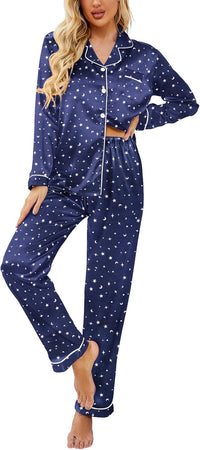 Ekouaer Womens Satin Pajama Set Classic Pattern Silky Pj Sets Button Down Sleepwear Loungewear