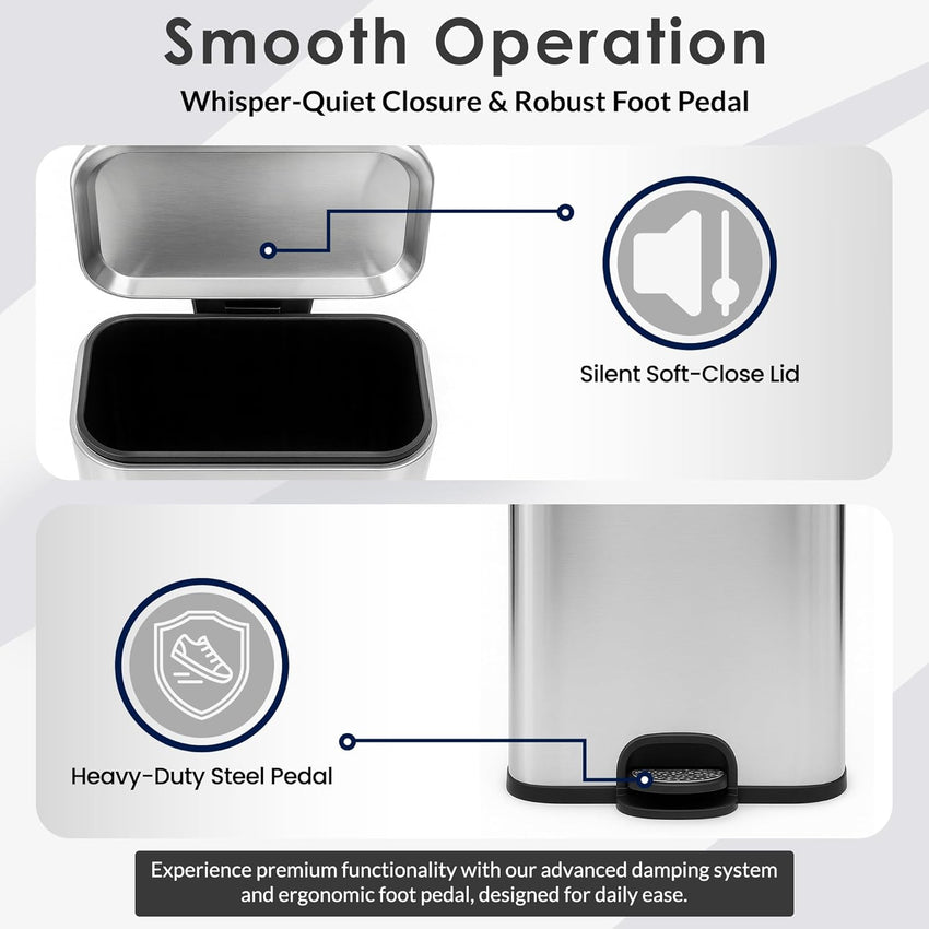 13 Gallon/50 L Trash Can with Lid - Rectangular Smudge-Resistant Kitchen Trash Can With Soft-Close Foot Pedal - Stainless Steel Garbage Can for Kitchen, Bathroom, or Office - Indoor and Outdoor Use